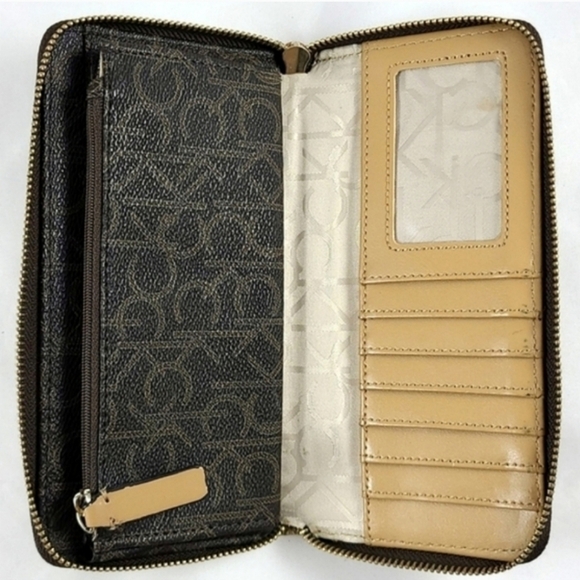 Calvin Klein Monogram Logo Continental Brown Gold Zip Around Wallet - Picture 6 of 16
